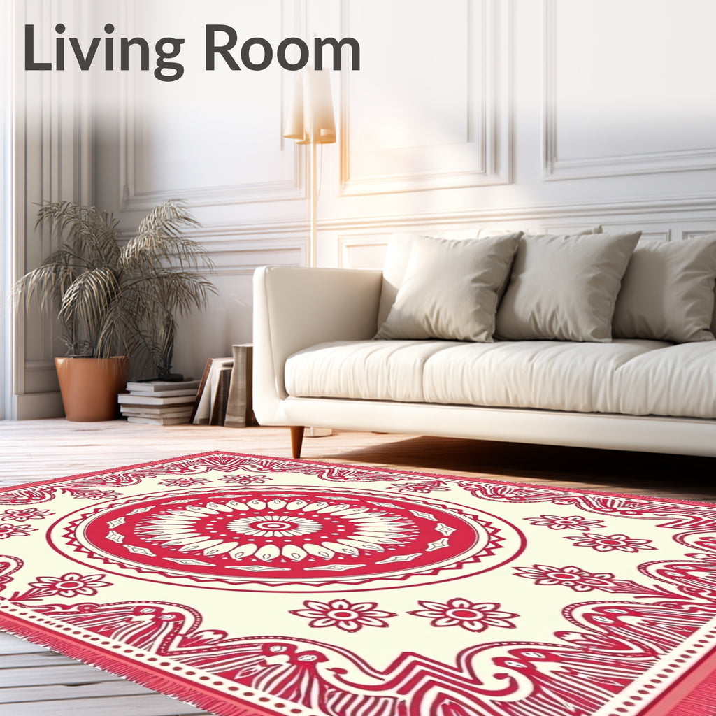 Crimson Blossom Mandala Border Tapestry Rug