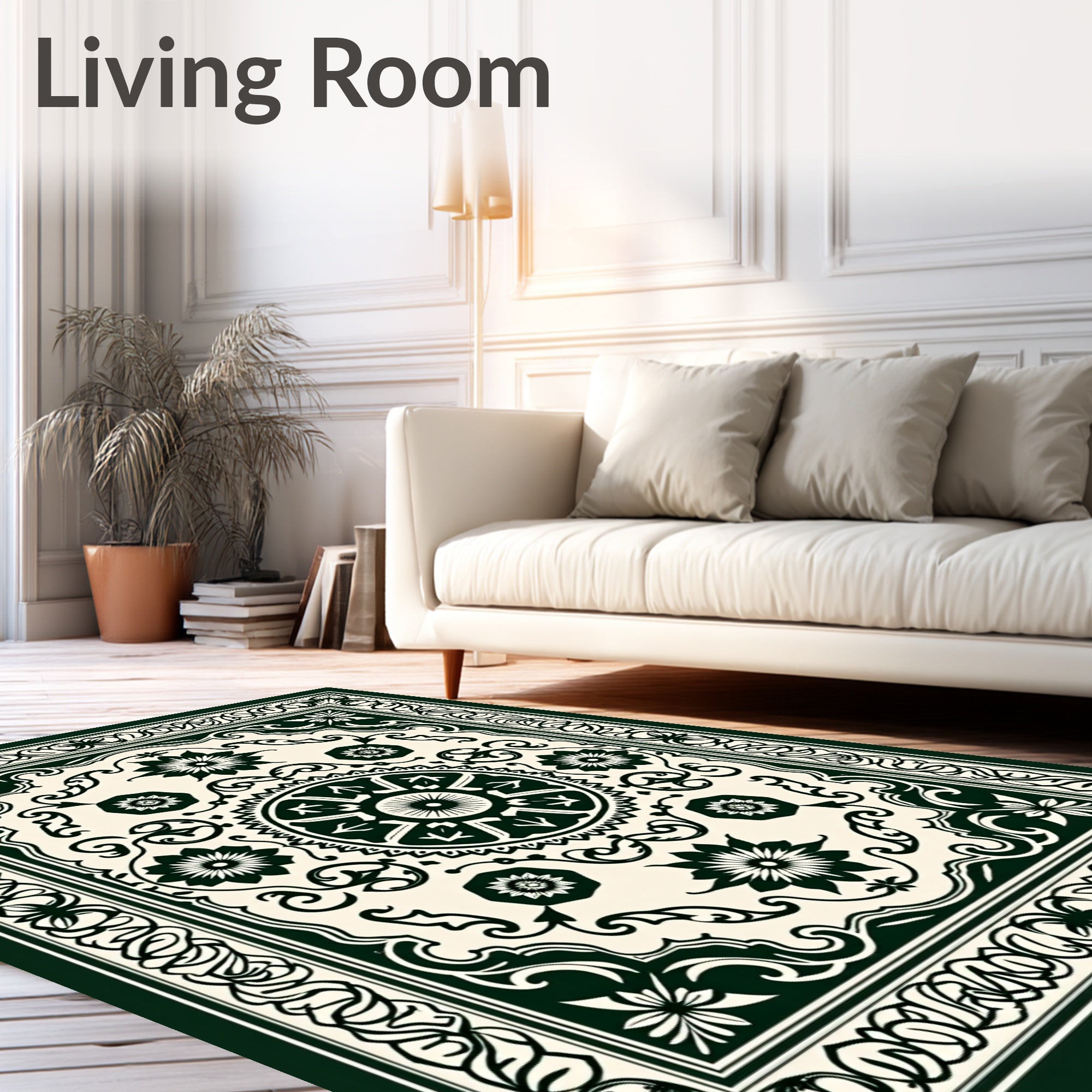 Dark Green Cream Floral Medallion Rug