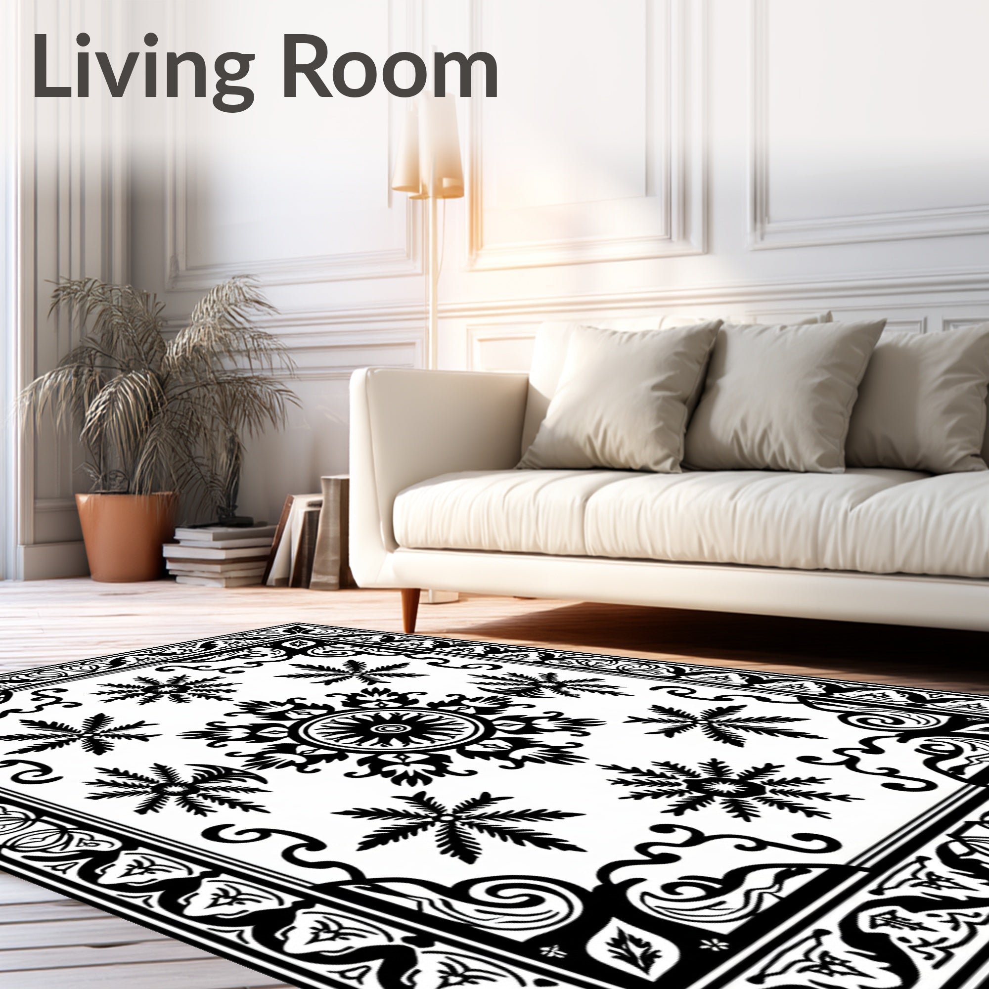 Ornate Black White Starburst Medallion Rug