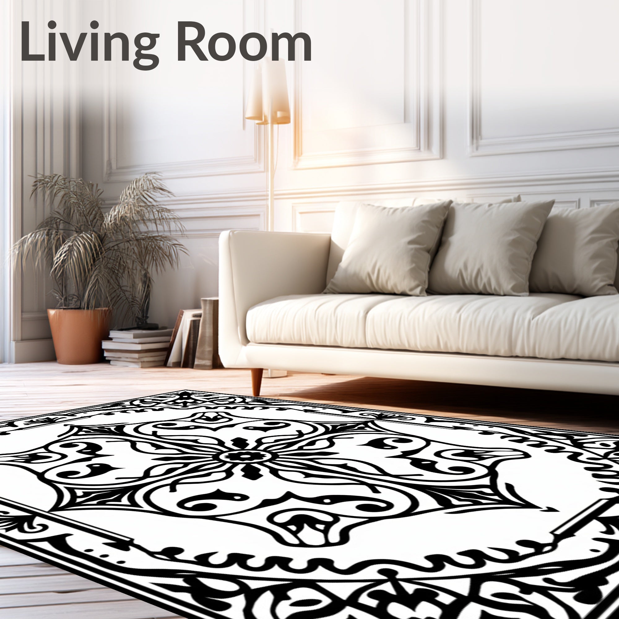 Intricate Black and White Medallion Arabesque Rug
