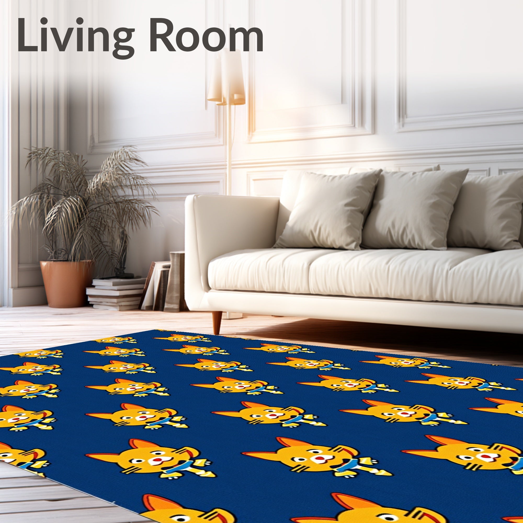 Playful Yellow Cat Folk Art Rug