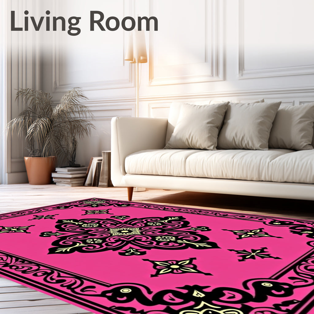 Vibrant Pink Black Medallion Frame Rug