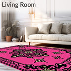 Vibrant Pink Black Medallion Frame Rug