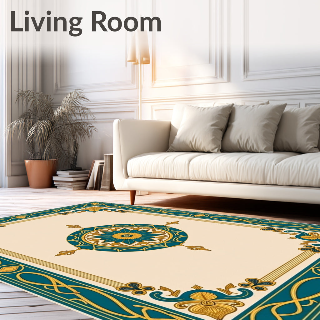 Teal Gold Floral Medallion Border Rug