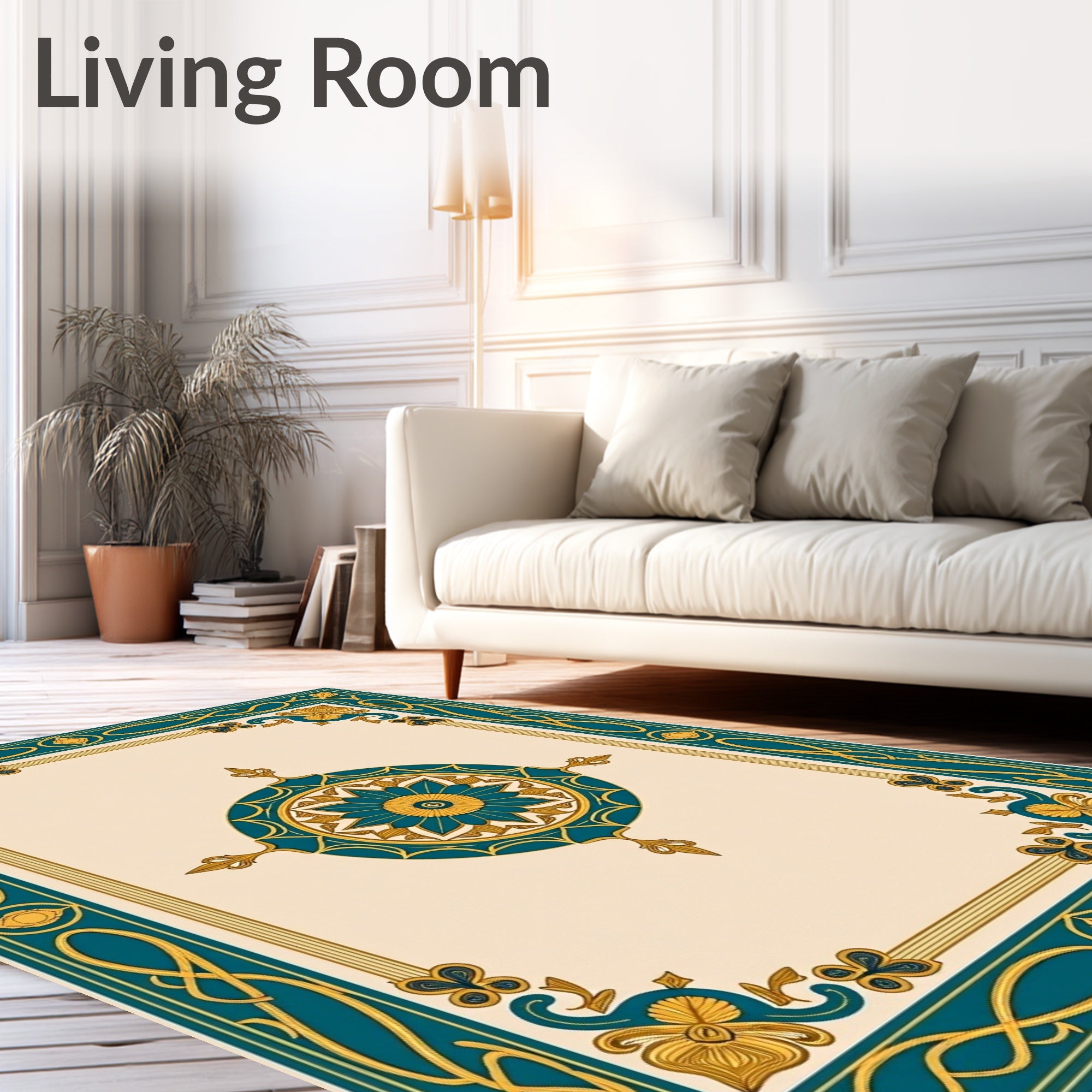 Teal Gold Floral Medallion Border Rug