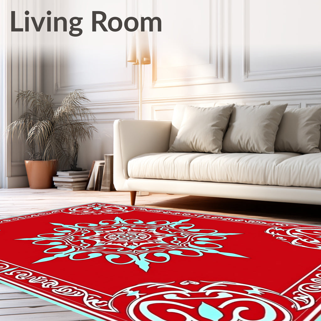 Crimson Sky Blue Floral Medallion Border Rug
