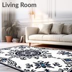 Black Blue White Damask Floral Medallion Rug