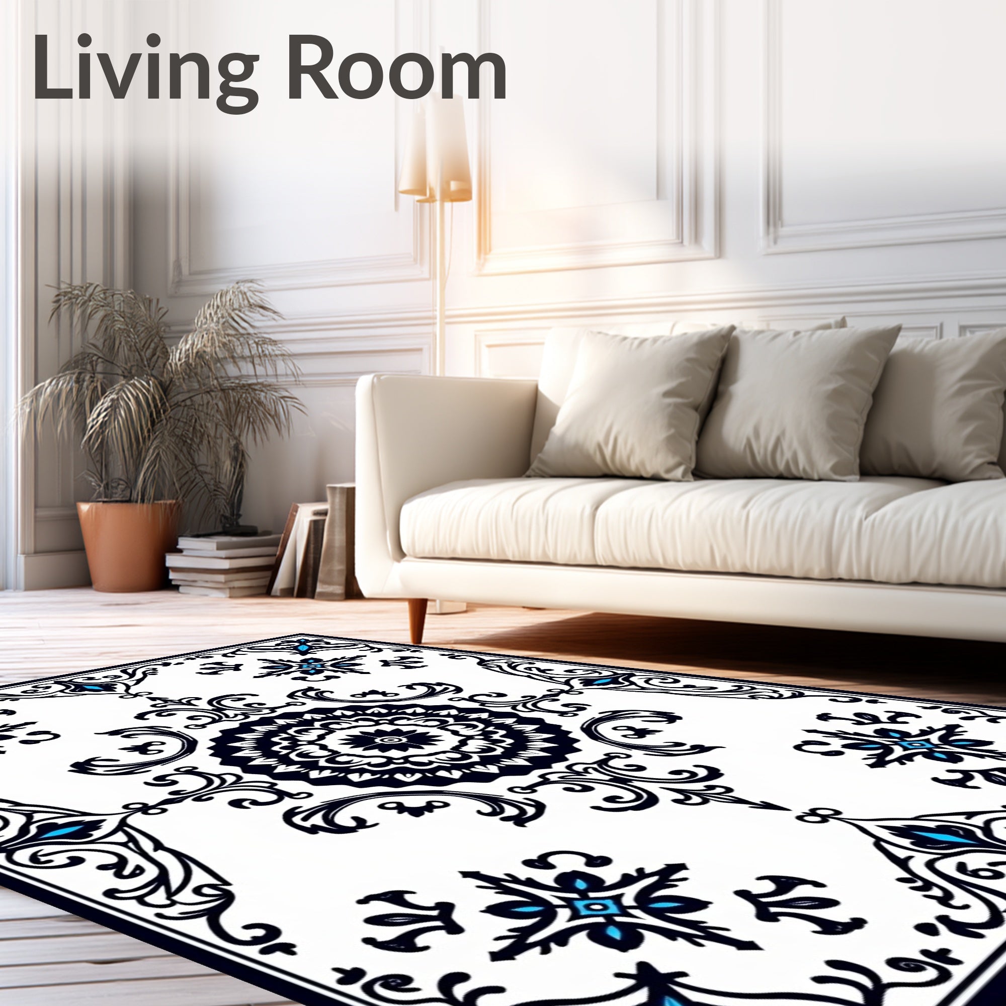 Black Blue White Damask Floral Medallion Rug
