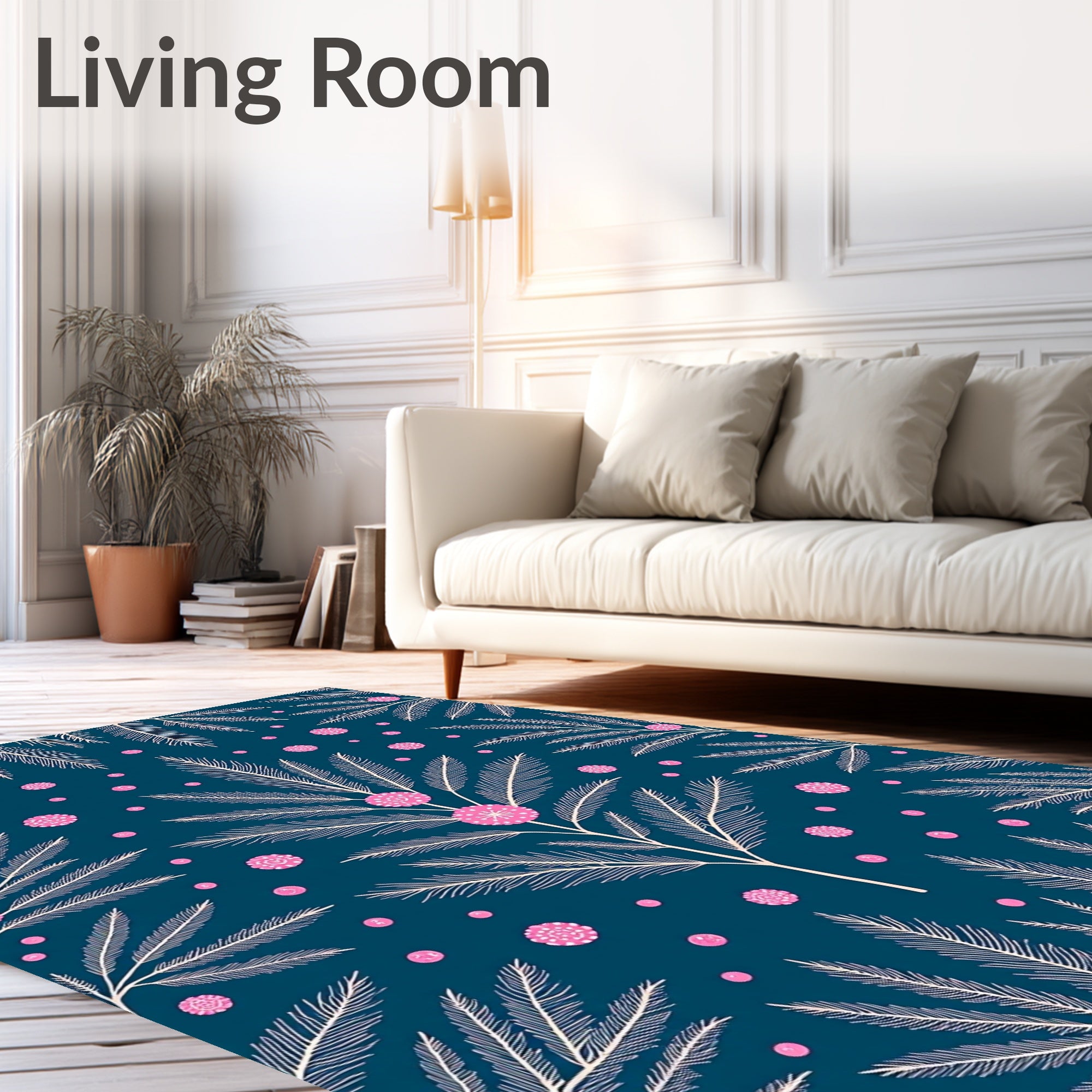 Deep Teal White Feathered Flowers Rug