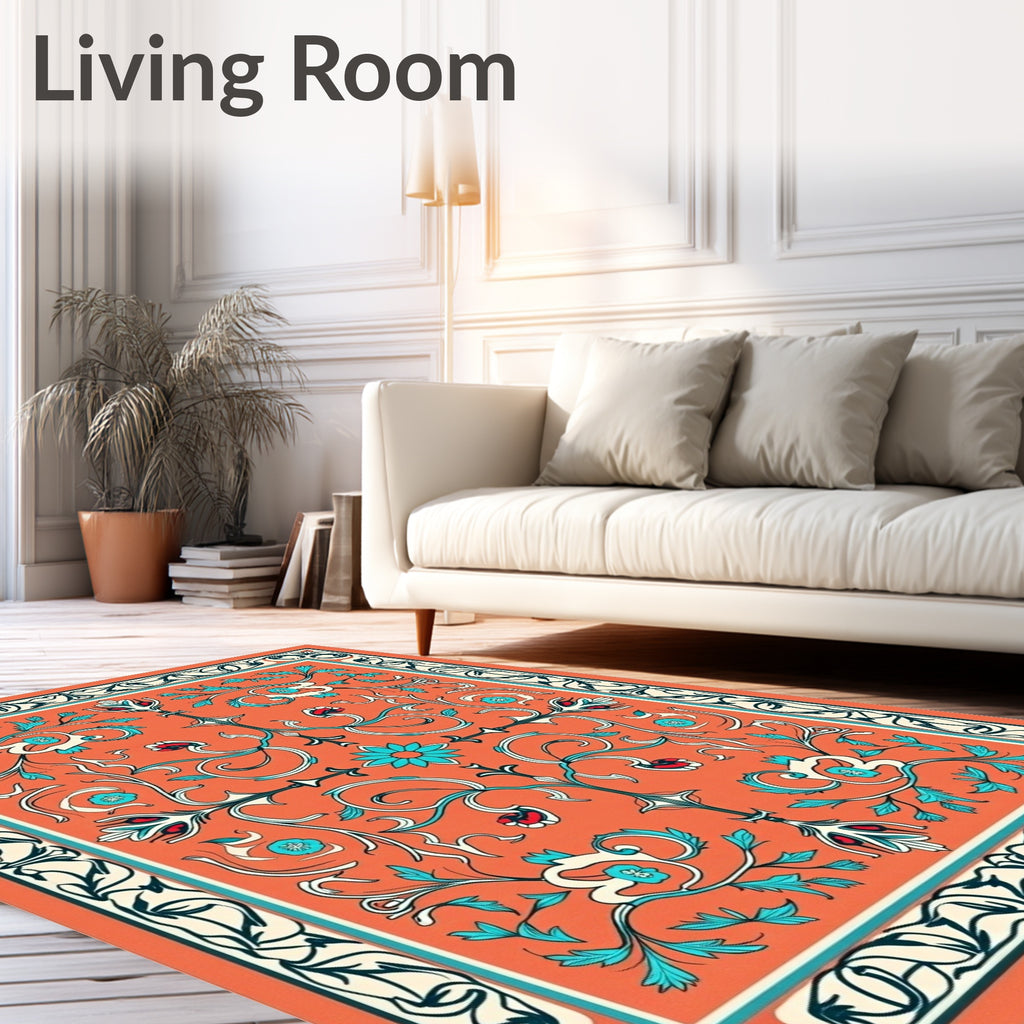 Vibrant Coral Floral Scroll Artwork Rug