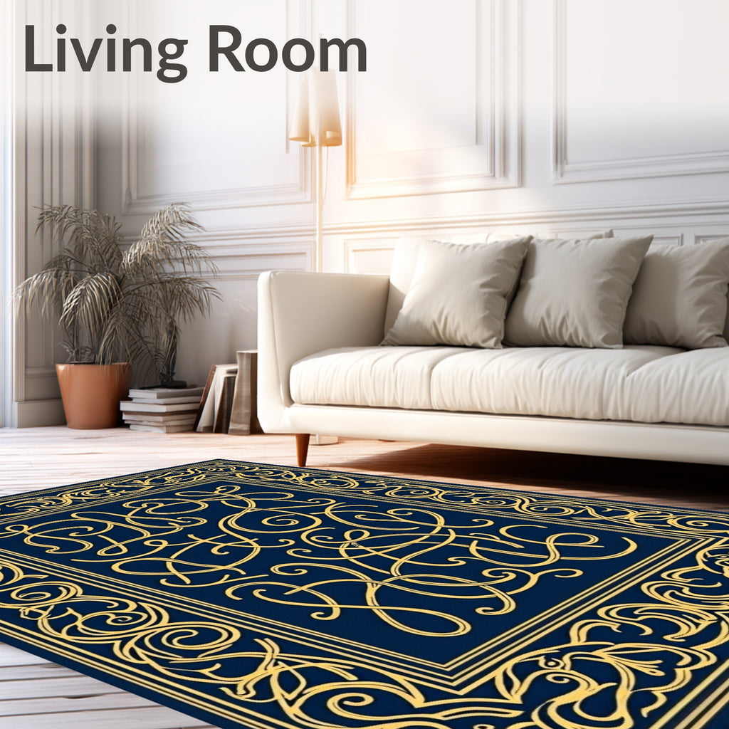 Navy Deep Gold Intricate Ornate Rug