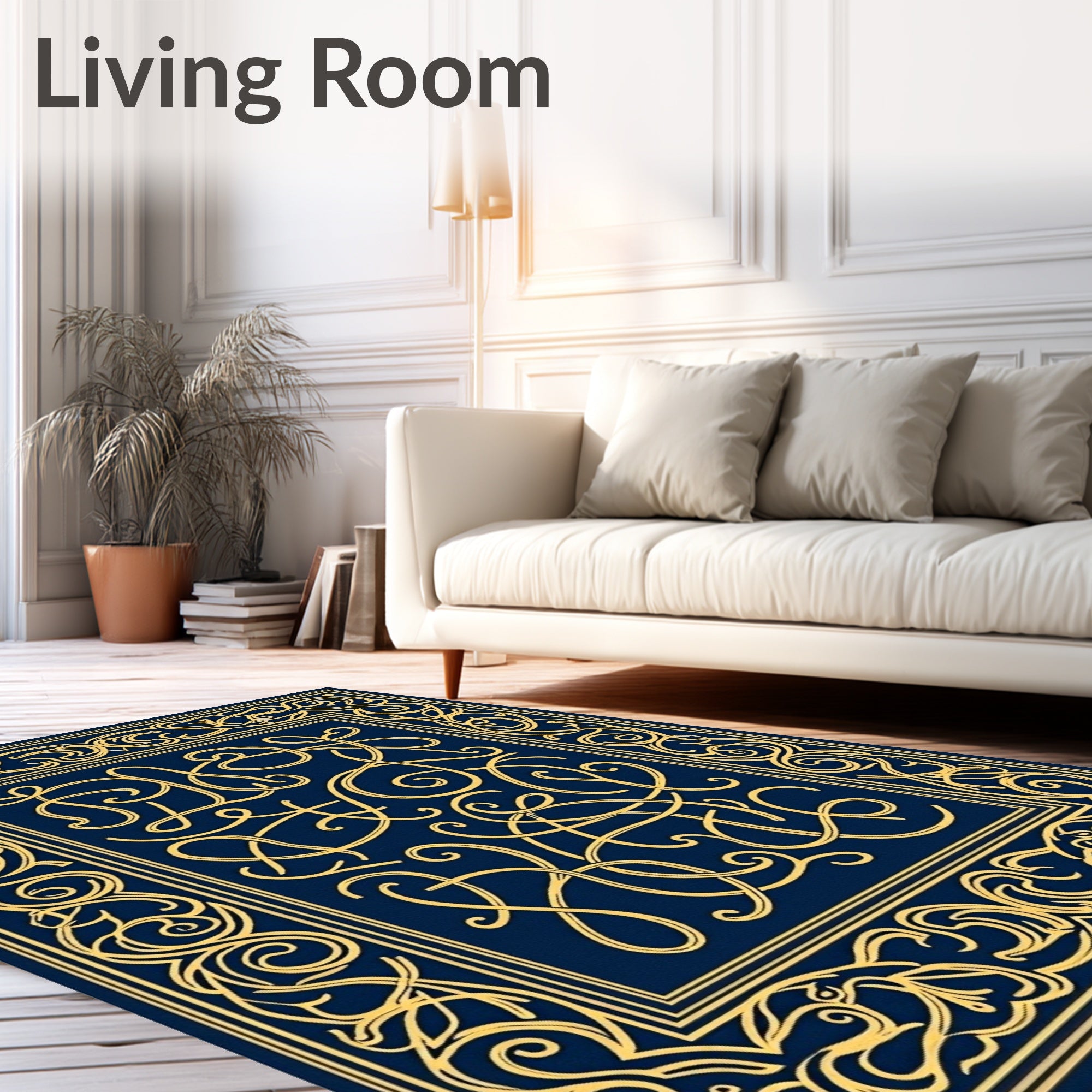 Navy Deep Gold Intricate Ornate Rug