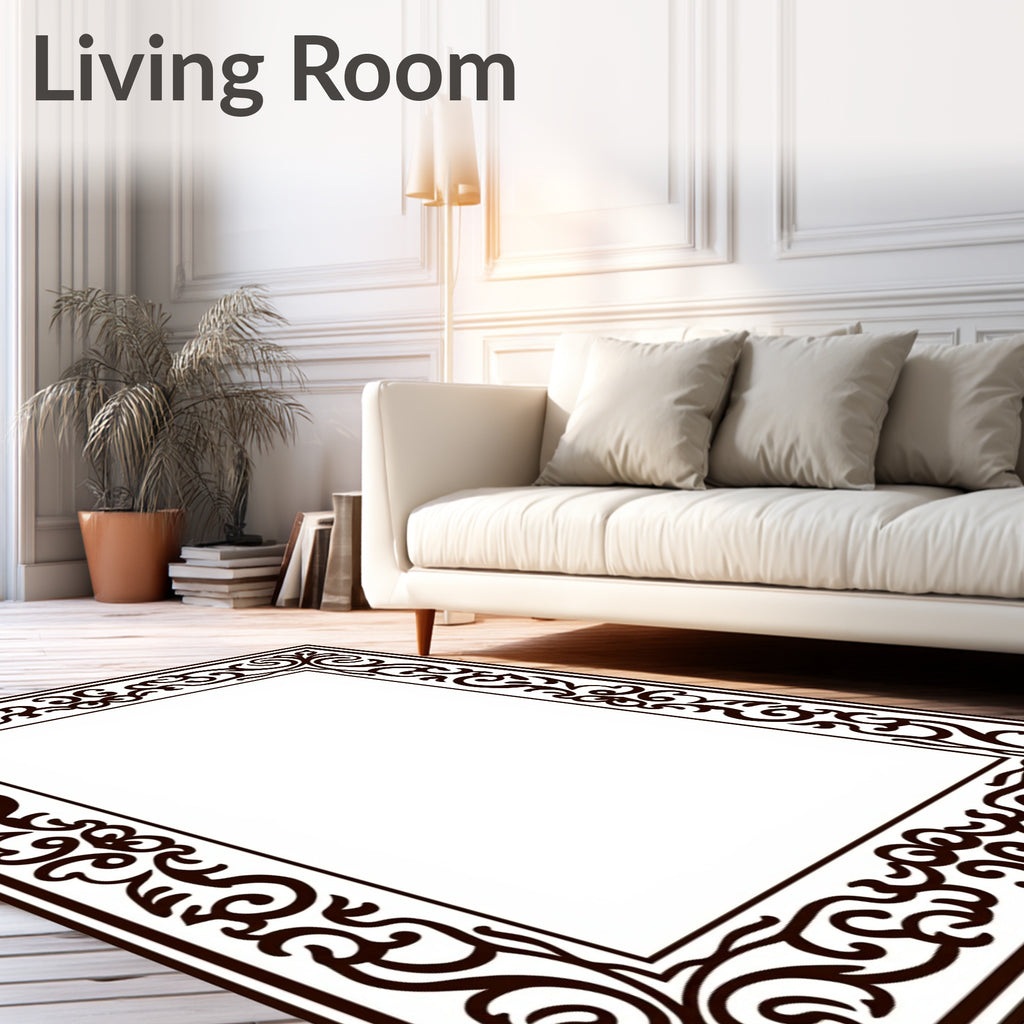 Dark Brown Ornate Scroll Border Rug
