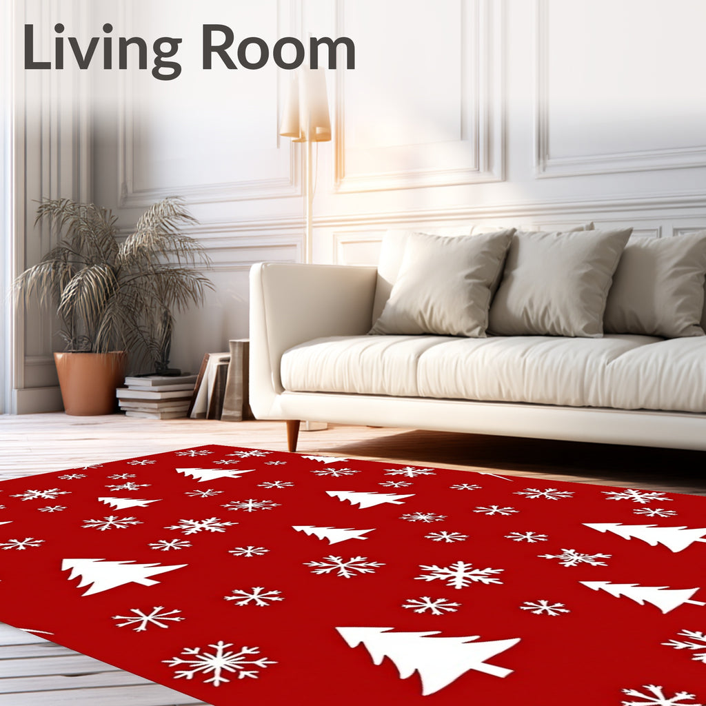White Snowflakes and Evergreen Trees Red Rug
