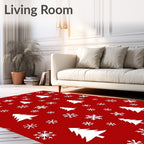 White Snowflakes and Evergreen Trees Red Rug