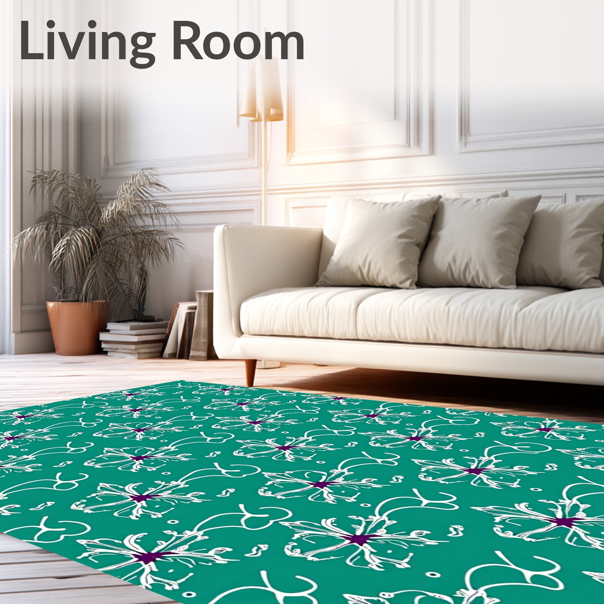 Teal White Floral Whimsical Vine Rug