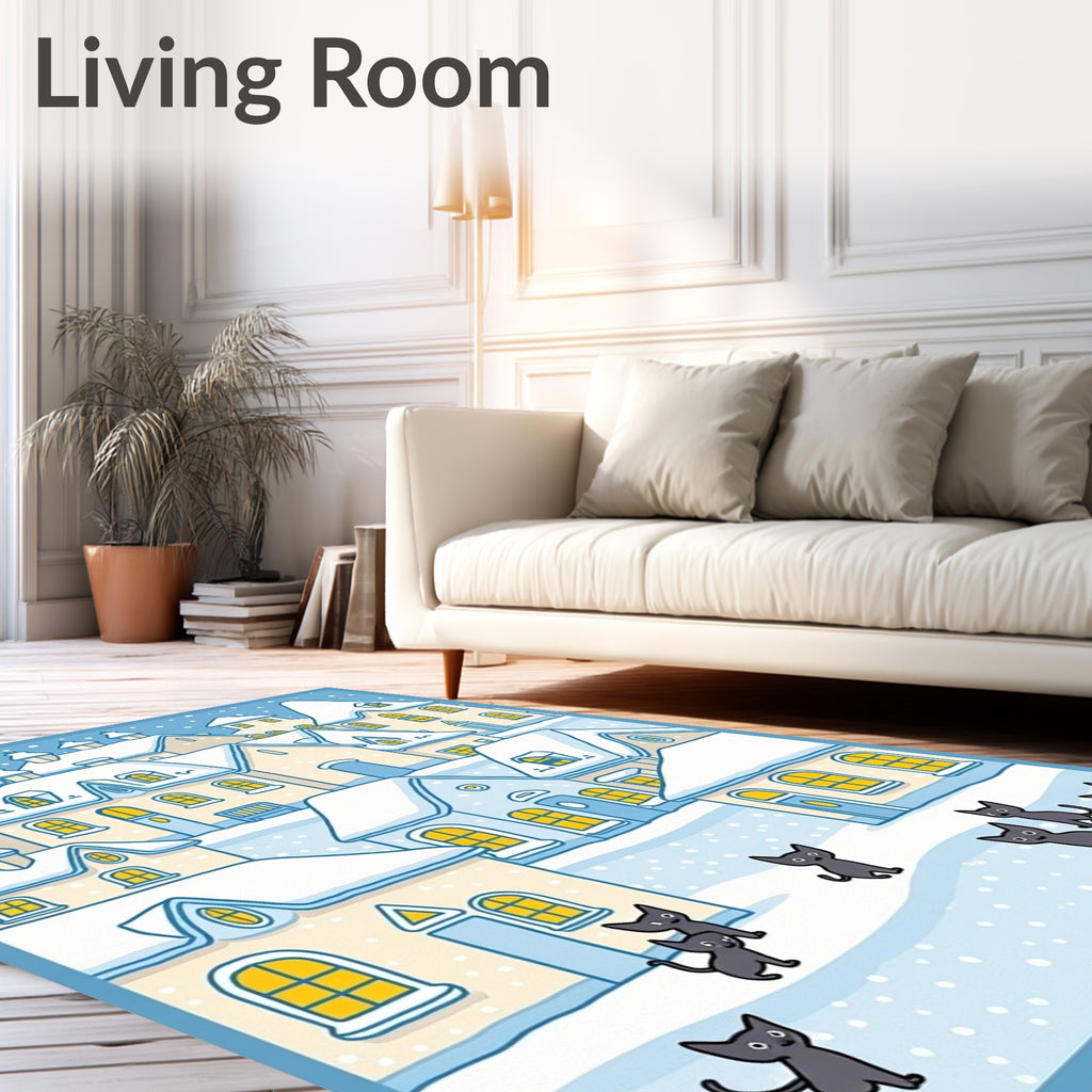 Whimsical Snow Village Cats Rug