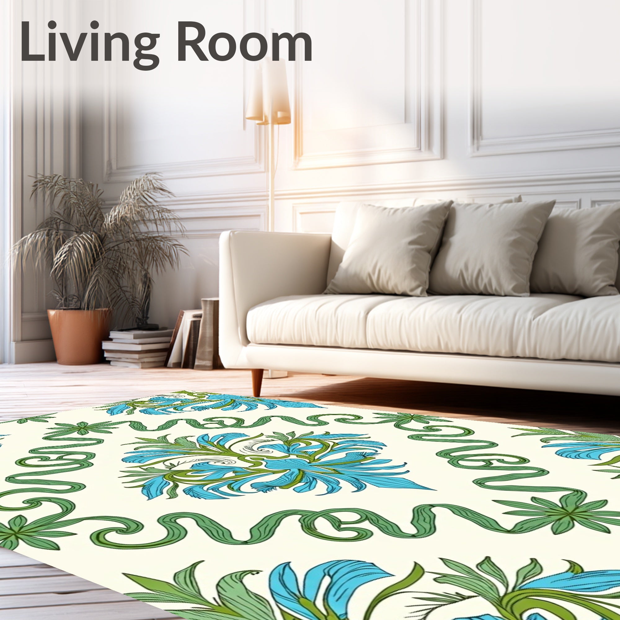 Blue Green Floral Swirl Arrangement Rug