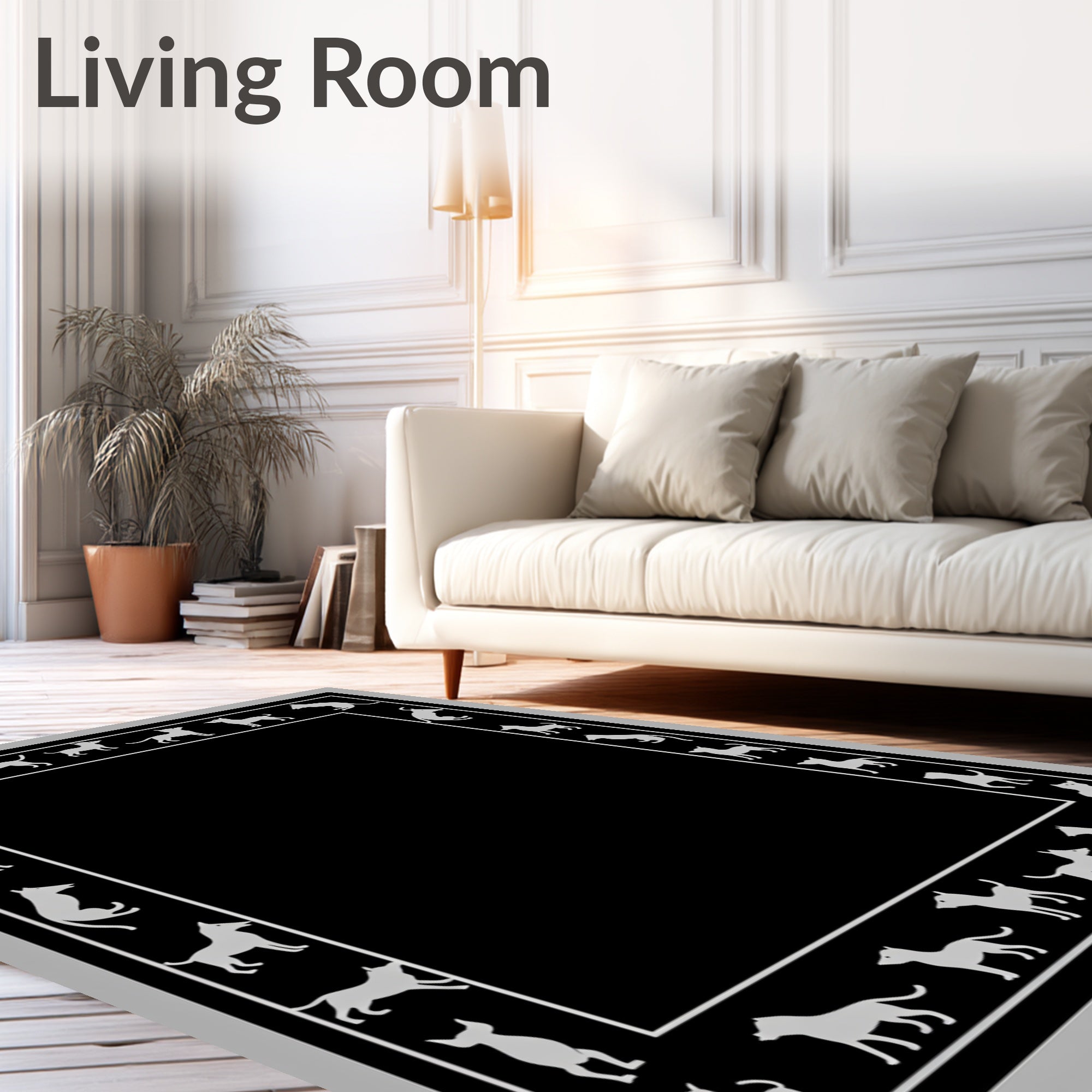 White Dog Silhouette Border on Black Rug