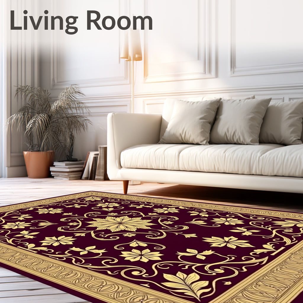 Deep Red Golden Floral Scroll Rug