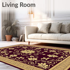 Deep Red Golden Floral Scroll Rug