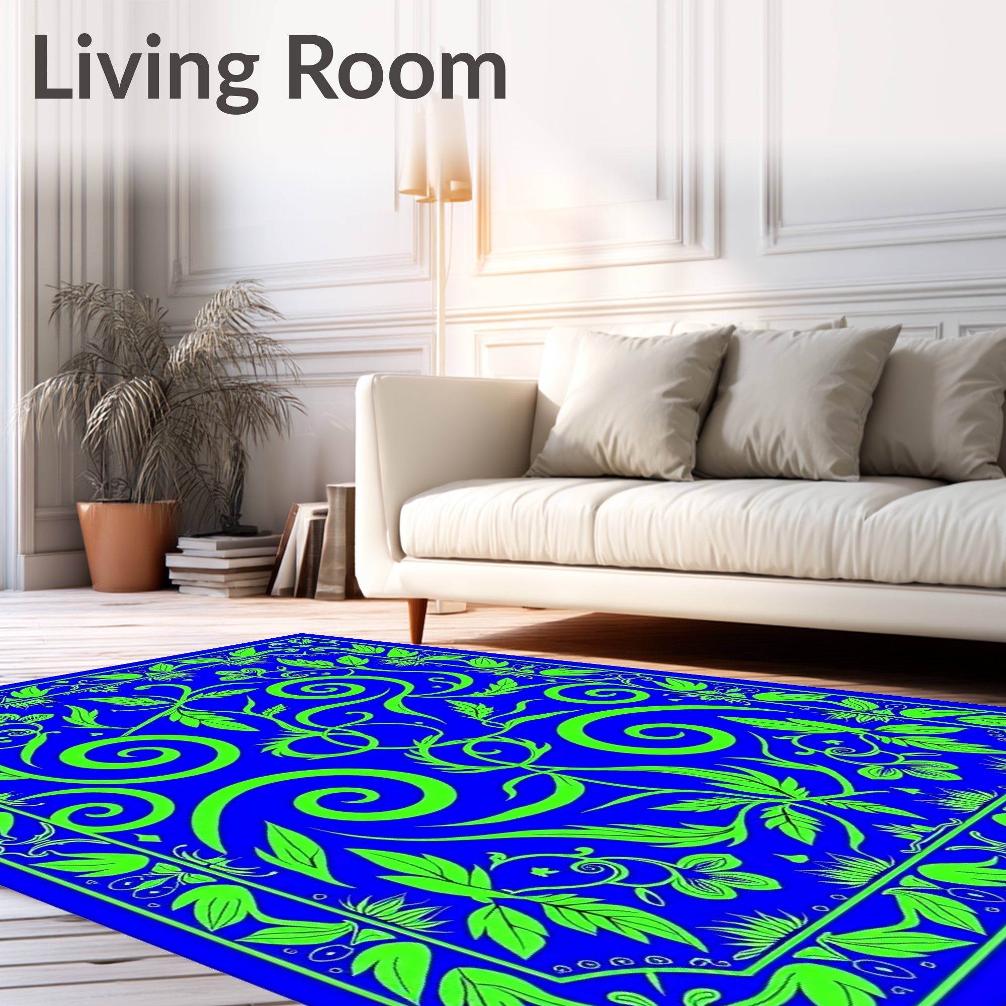Electric Blue Lime Green Floral Swirl Rug