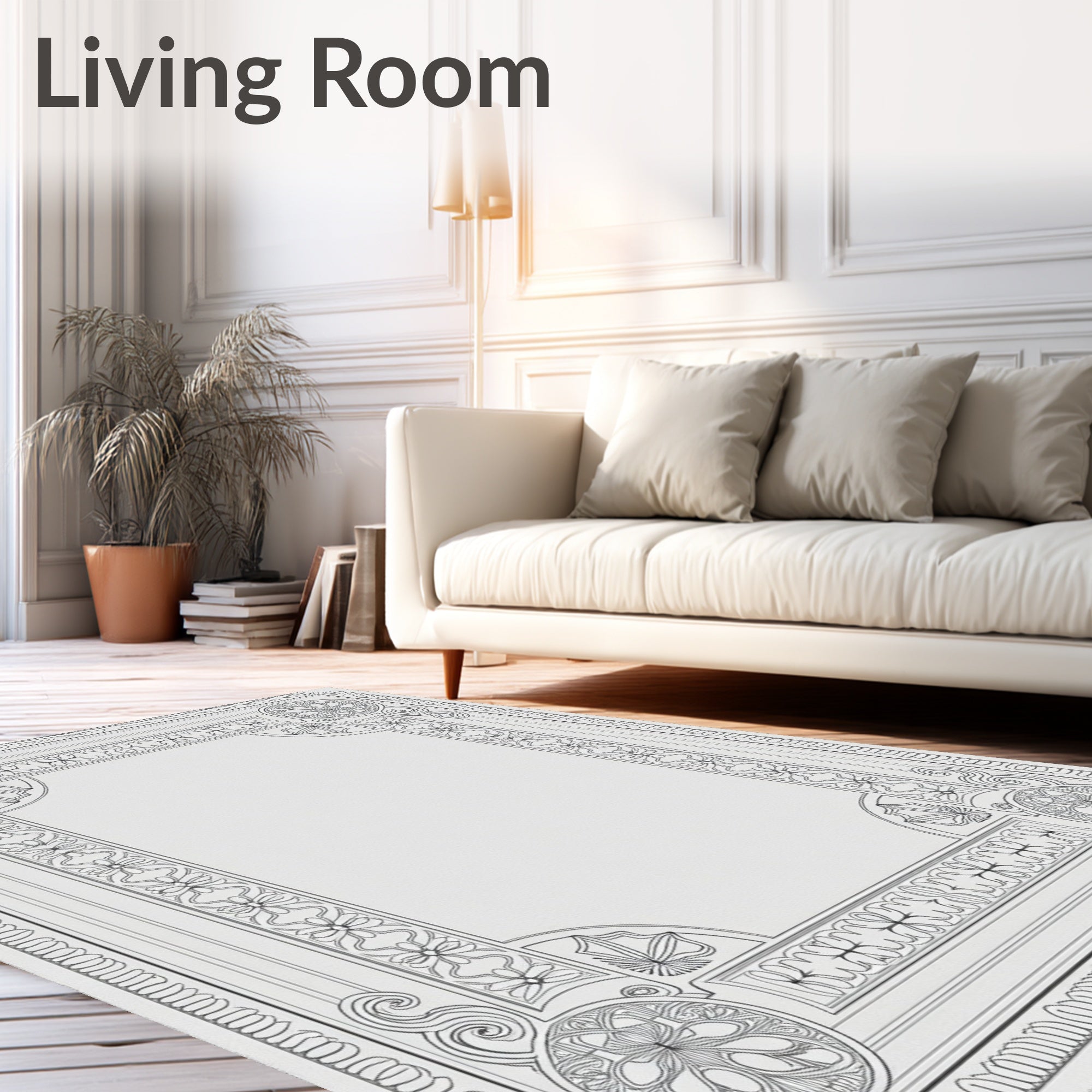 Elegant Gray Floral Inlay Border Rug