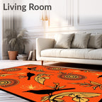 Vibrant Orange Black Bird Floral Medallion Rug