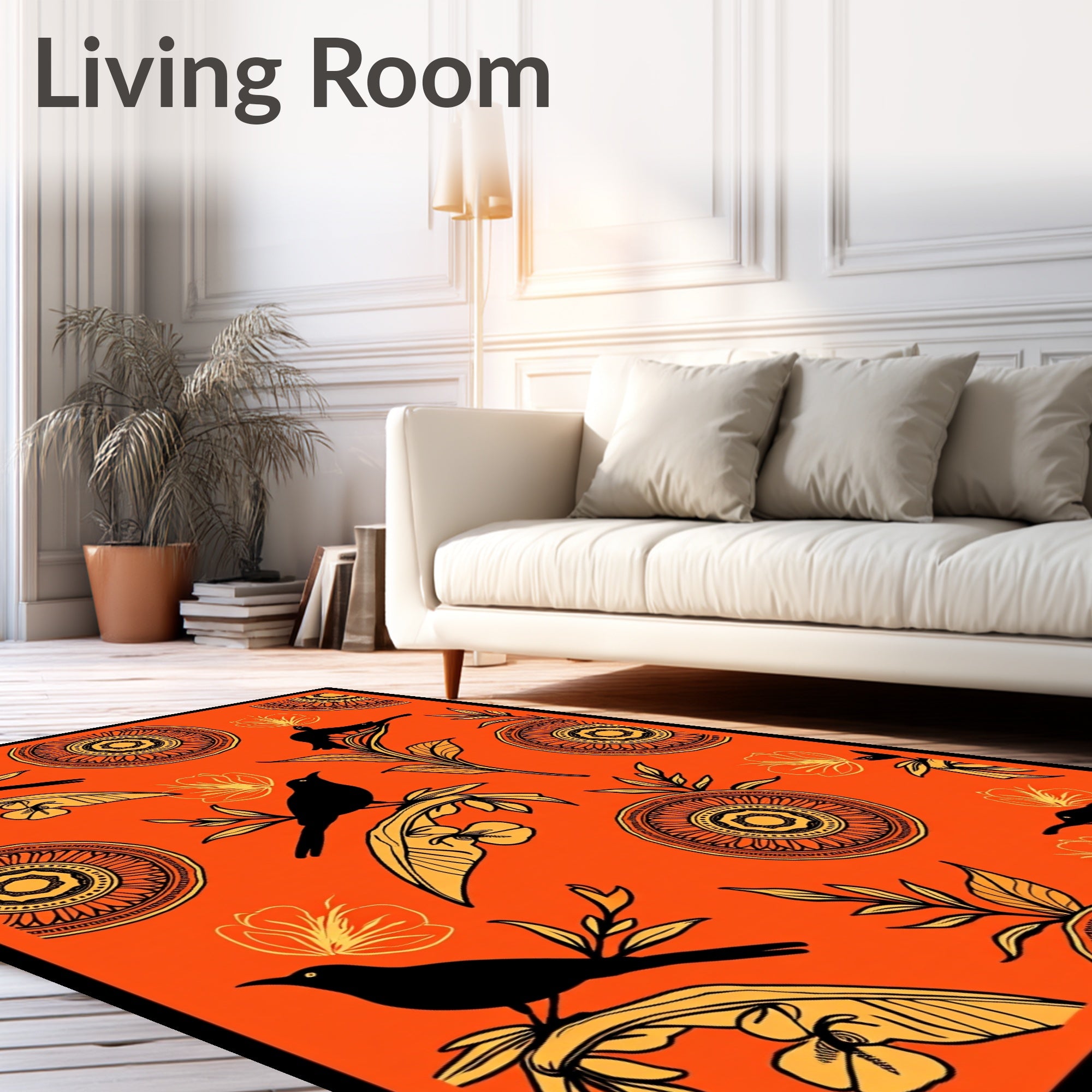 Vibrant Orange Black Bird Floral Medallion Rug