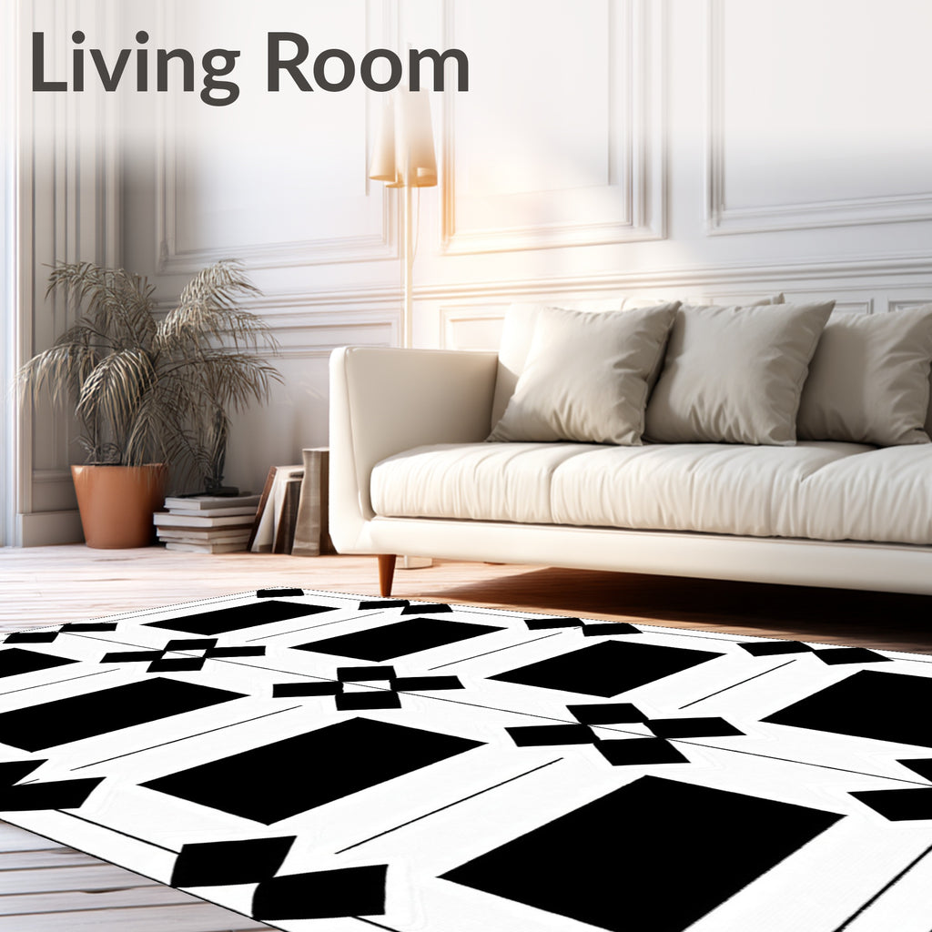 Bold Black White Geometric Diamond Grid Rug