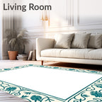 Cream Teal Floral Vine Border Rug