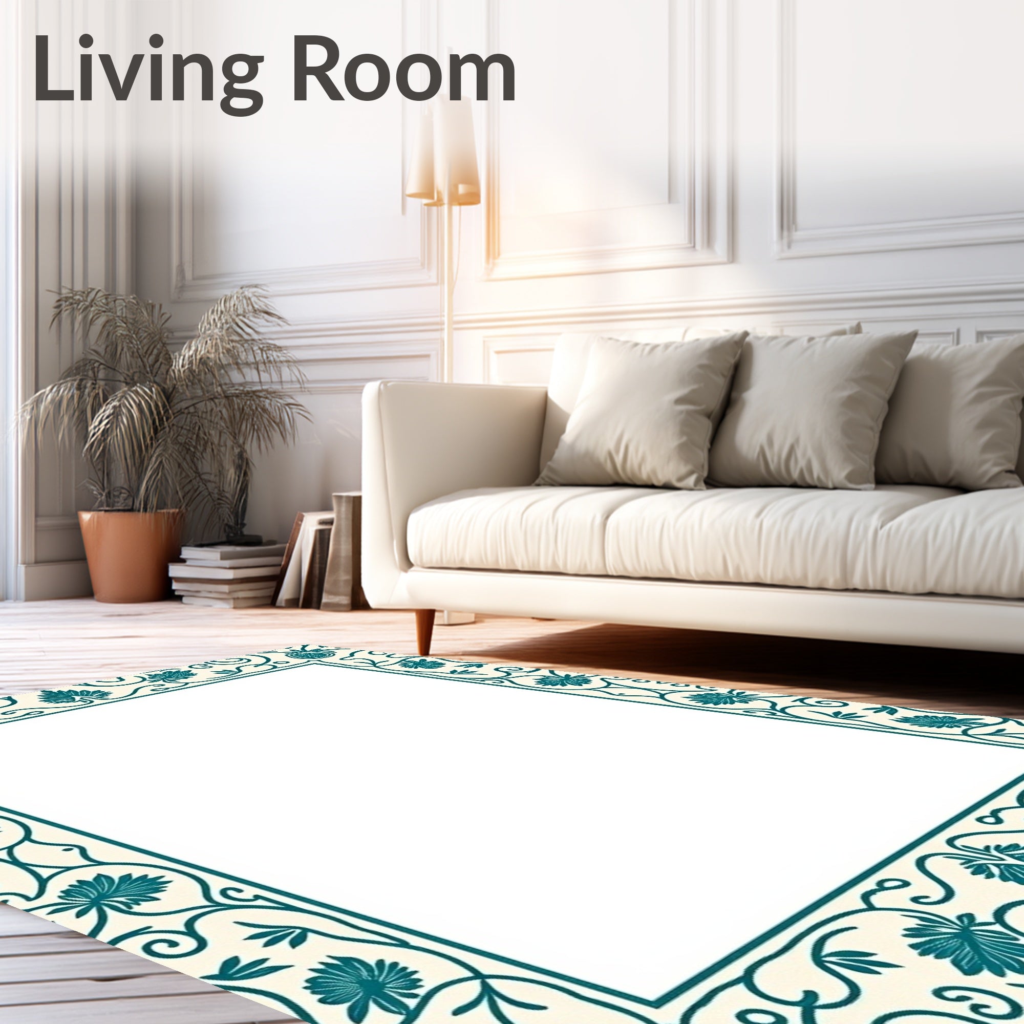 Cream Teal Floral Vine Border Rug