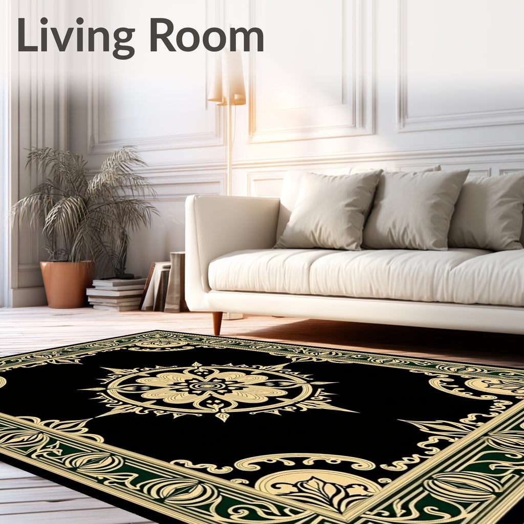 Black Gold Floral Medallion Border Rug