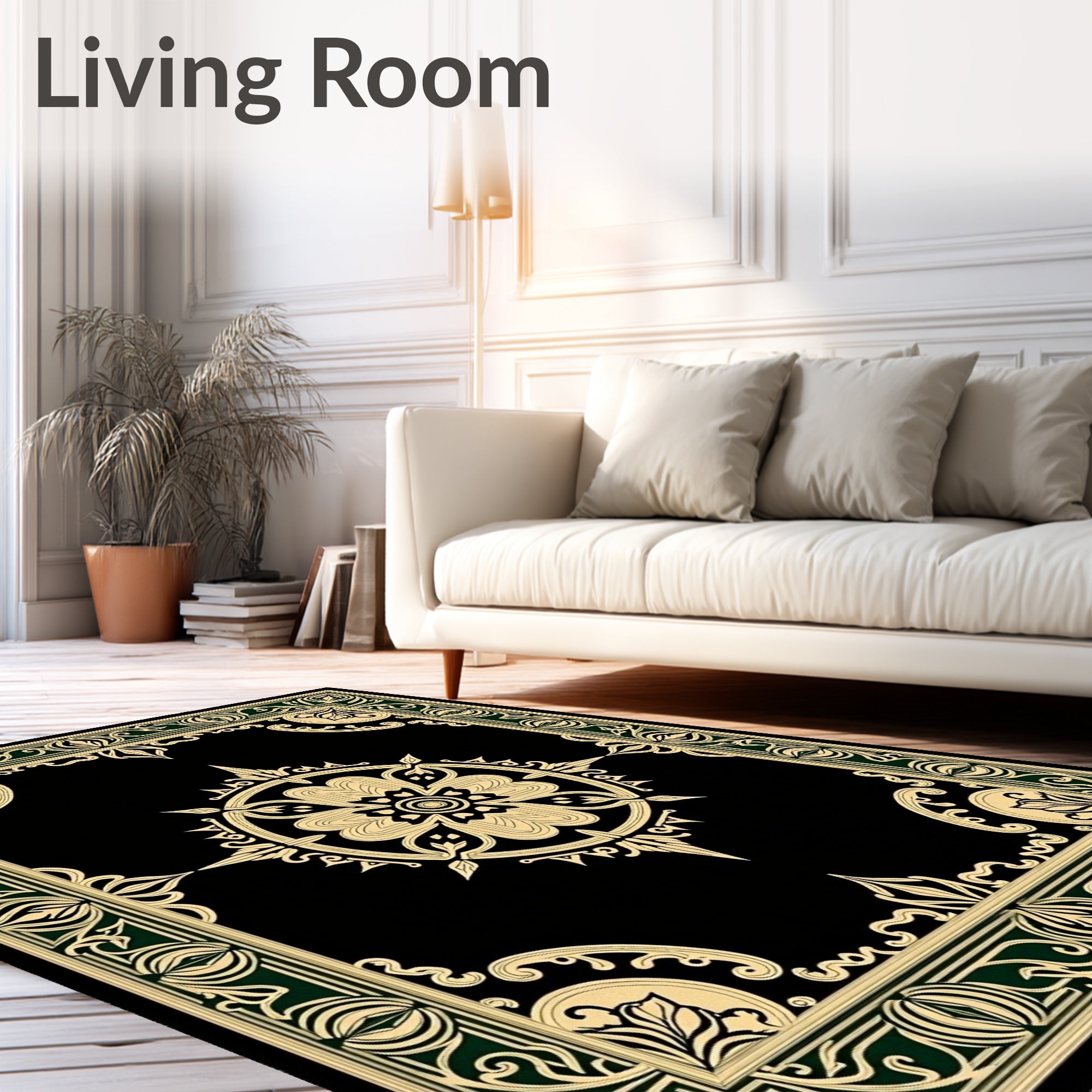 Black Gold Floral Medallion Border Rug