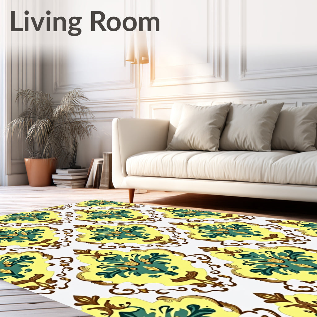 Golden Yellow Green Floral Scroll Rug