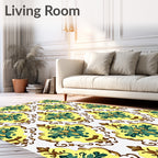 Golden Yellow Green Floral Scroll Rug