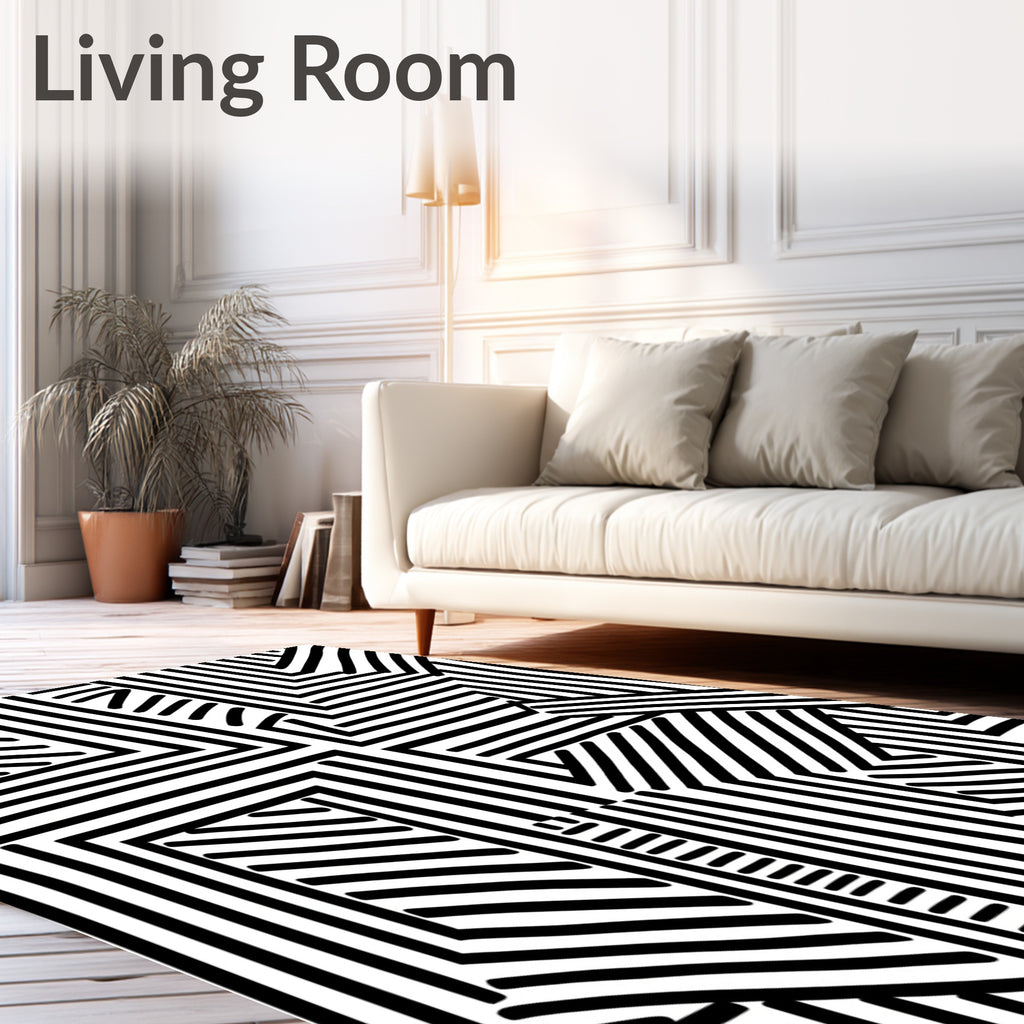 Bold Black White Abstract Rectilinear Art Rug