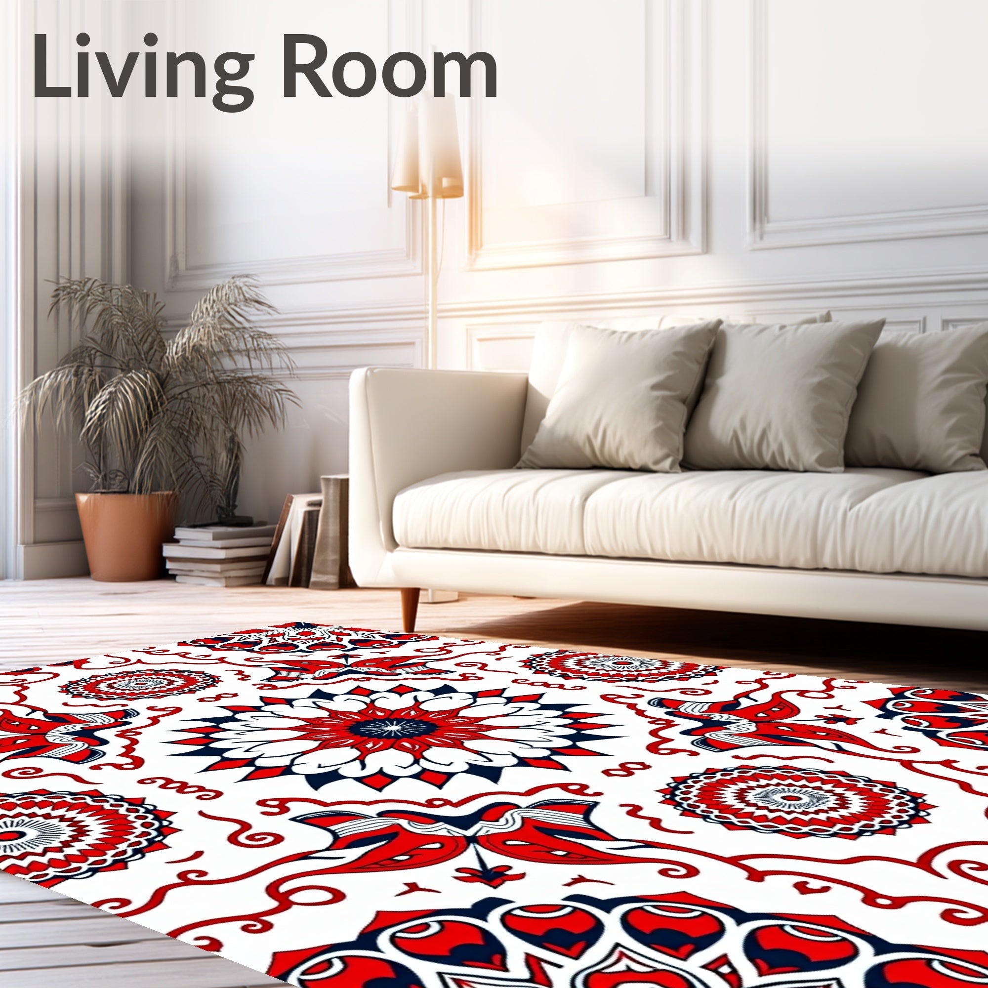 Red Blue White Floral Mandala Arrangement Rug