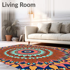 Bold Coral Teal Feathered Mandala Rug