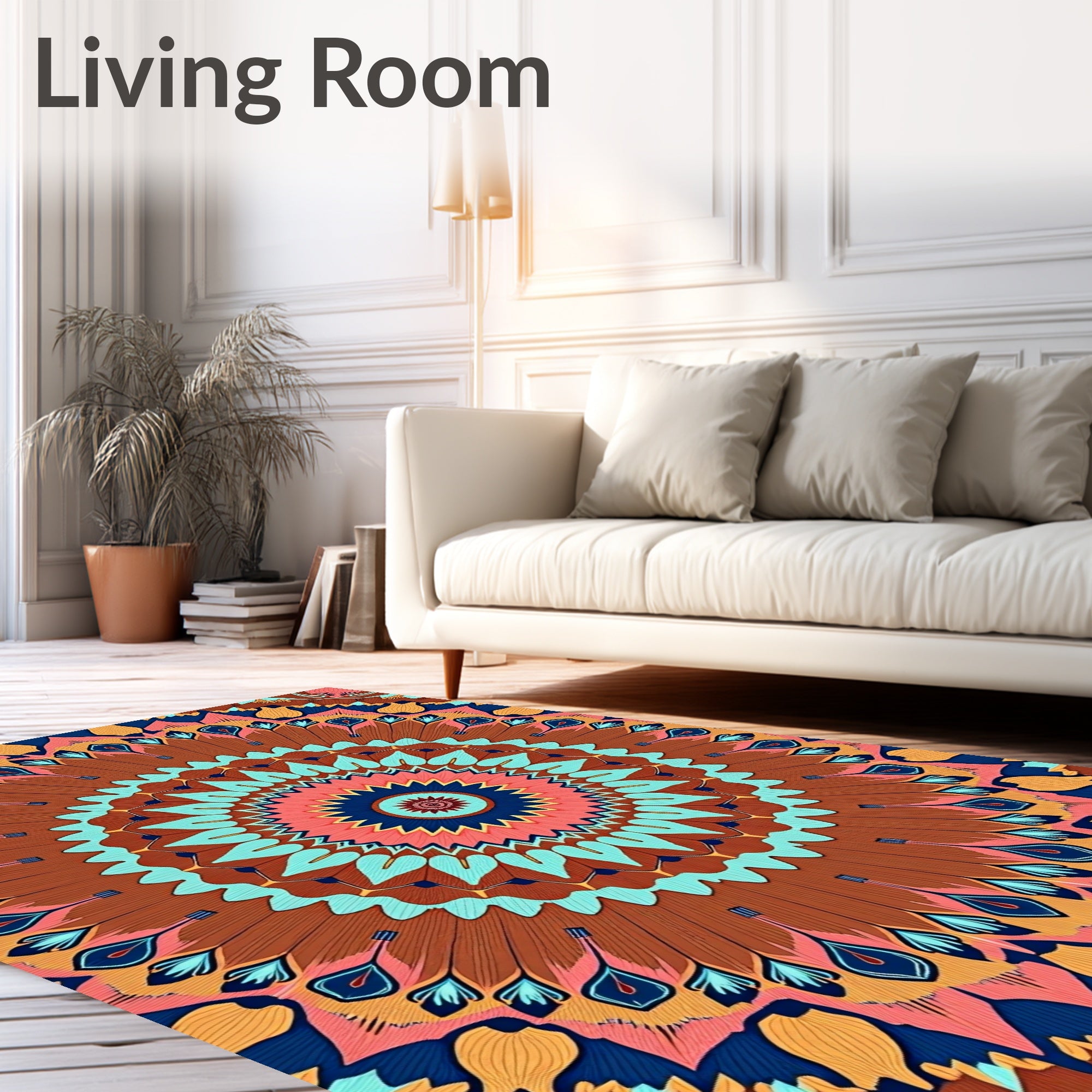 Bold Coral Teal Feathered Mandala Rug
