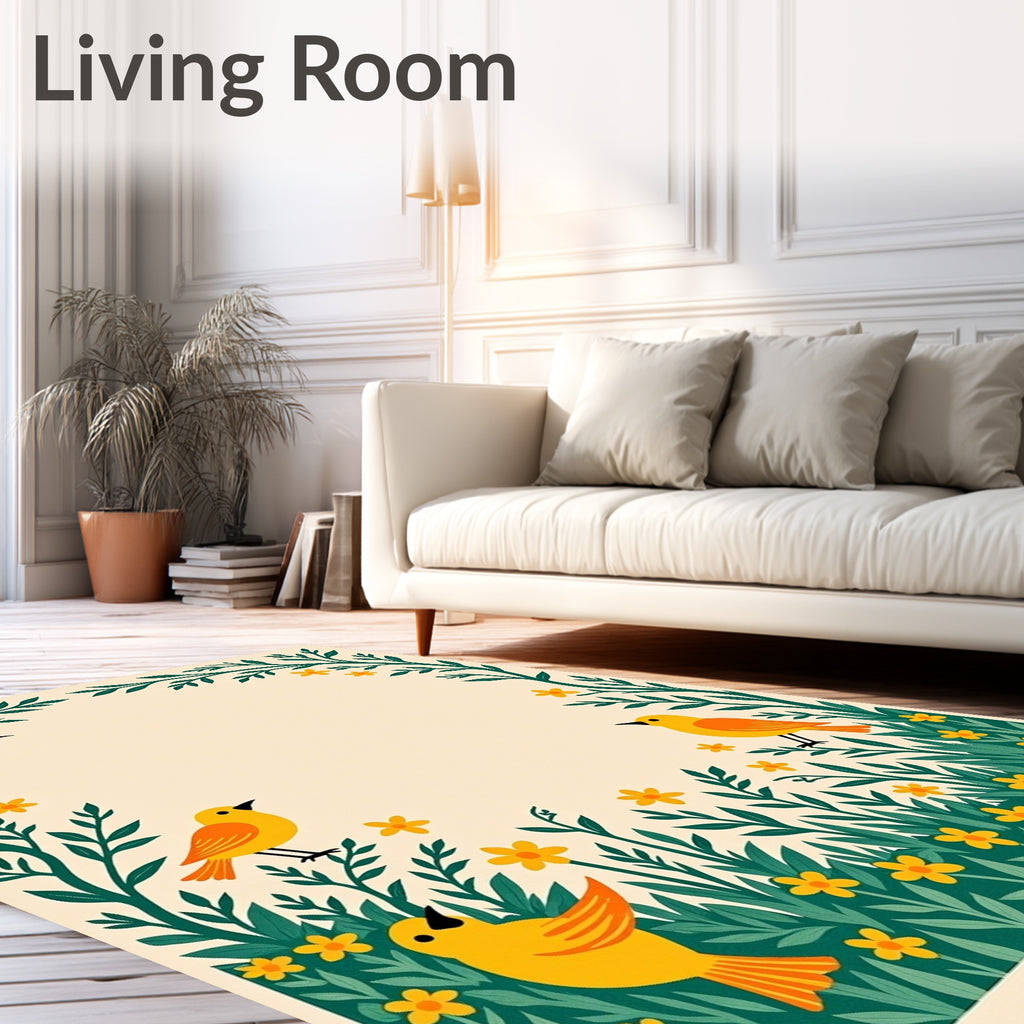 Yellow Birds In Lush Garden Rug