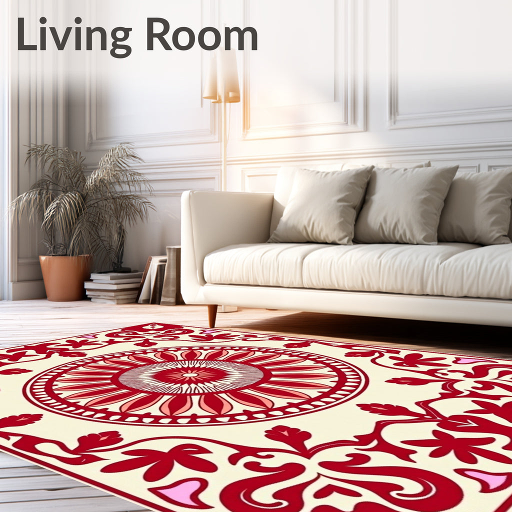 Crimson Floral Medallion Ivory Border Rug