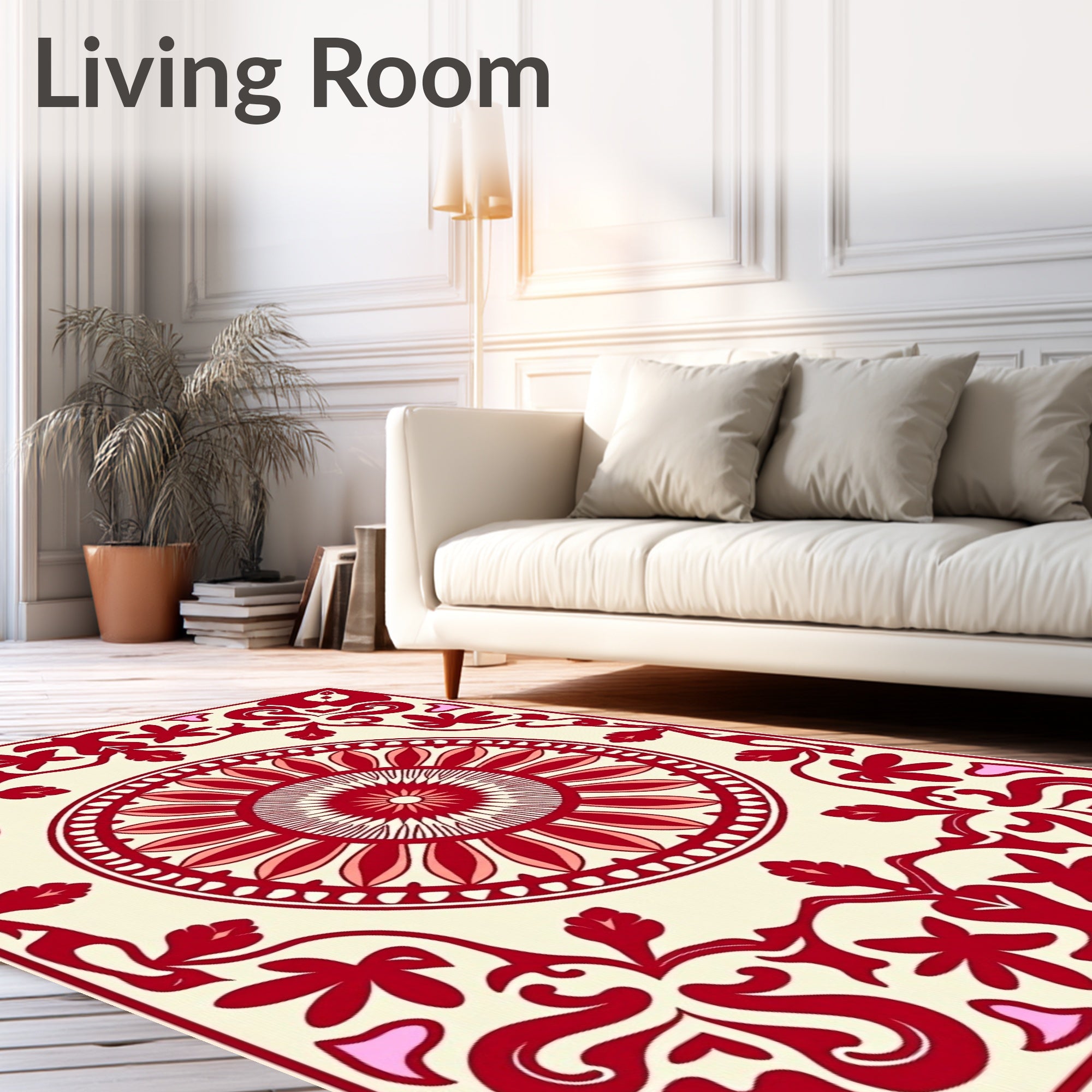 Crimson Floral Medallion Ivory Border Rug