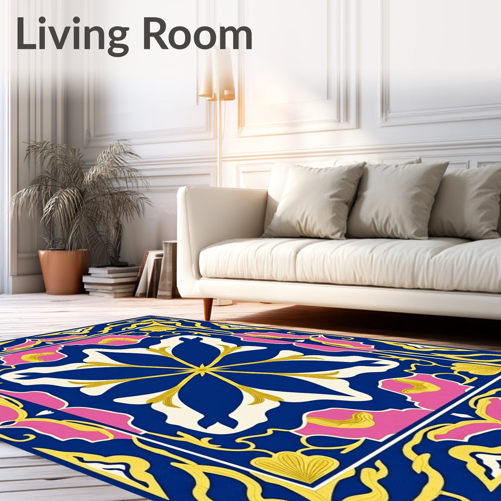 Vibrant Blue Floral Medallion Pink Border Rug