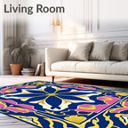Vibrant Blue Floral Medallion Pink Border Rug