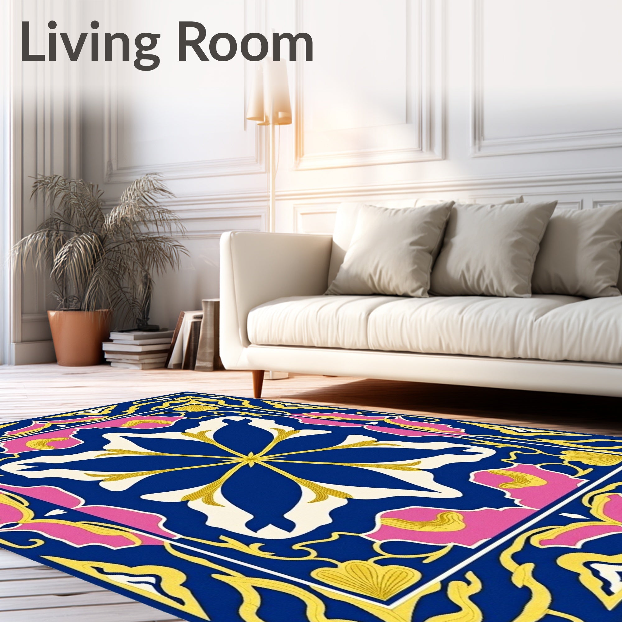 Vibrant Blue Floral Medallion Pink Border Rug