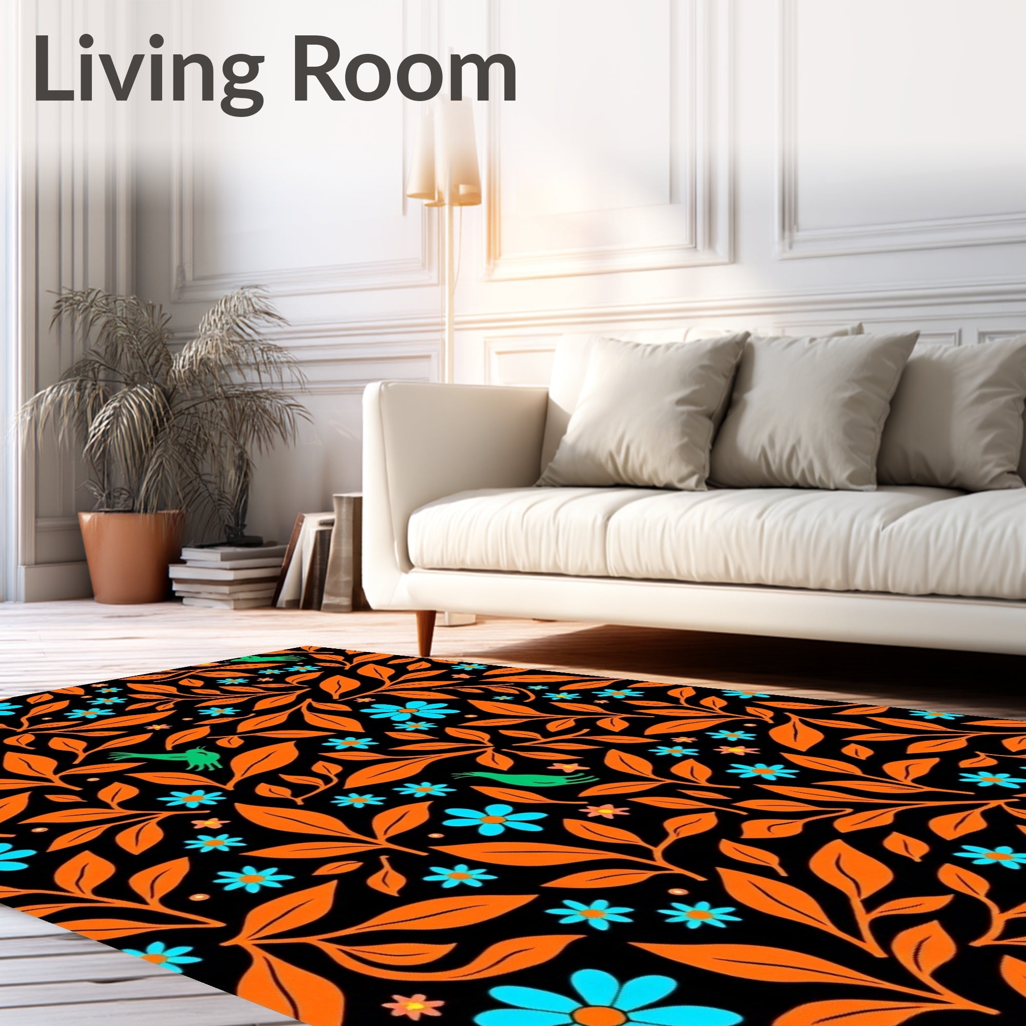 Orange Leaves Green Birds Blue Flowers Rug