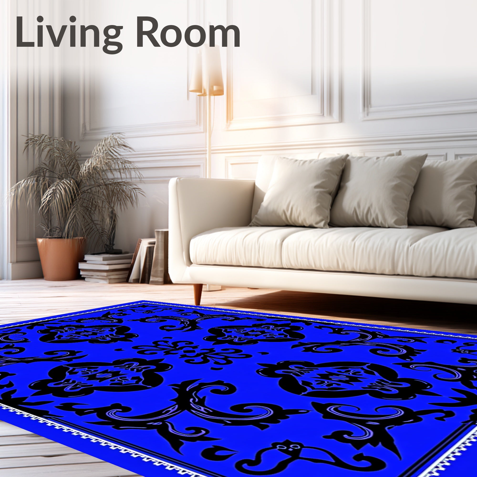 Bold Royal Blue Black Damask Medallion Rug
