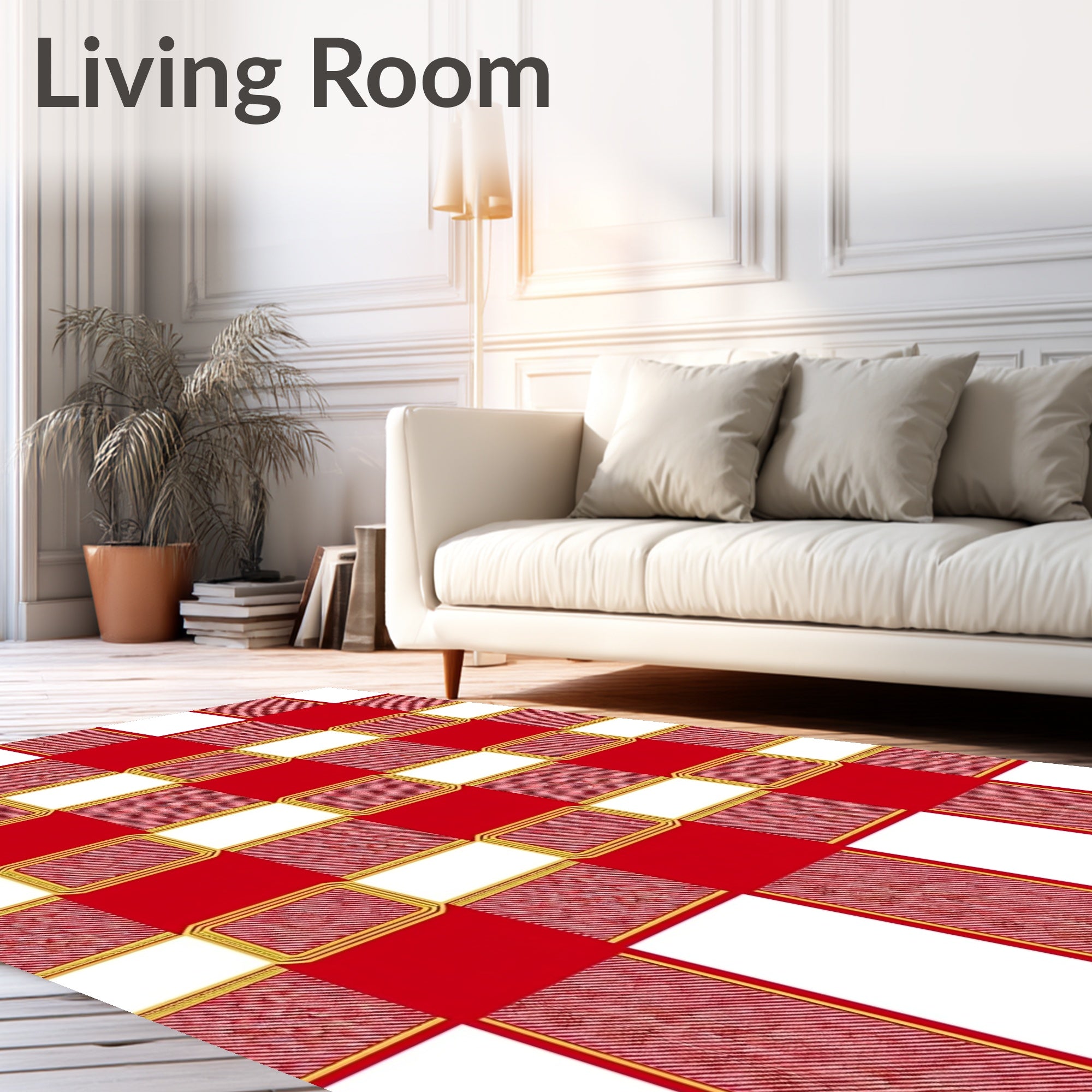 Red White Gingham Gold Rectangular Border Rug