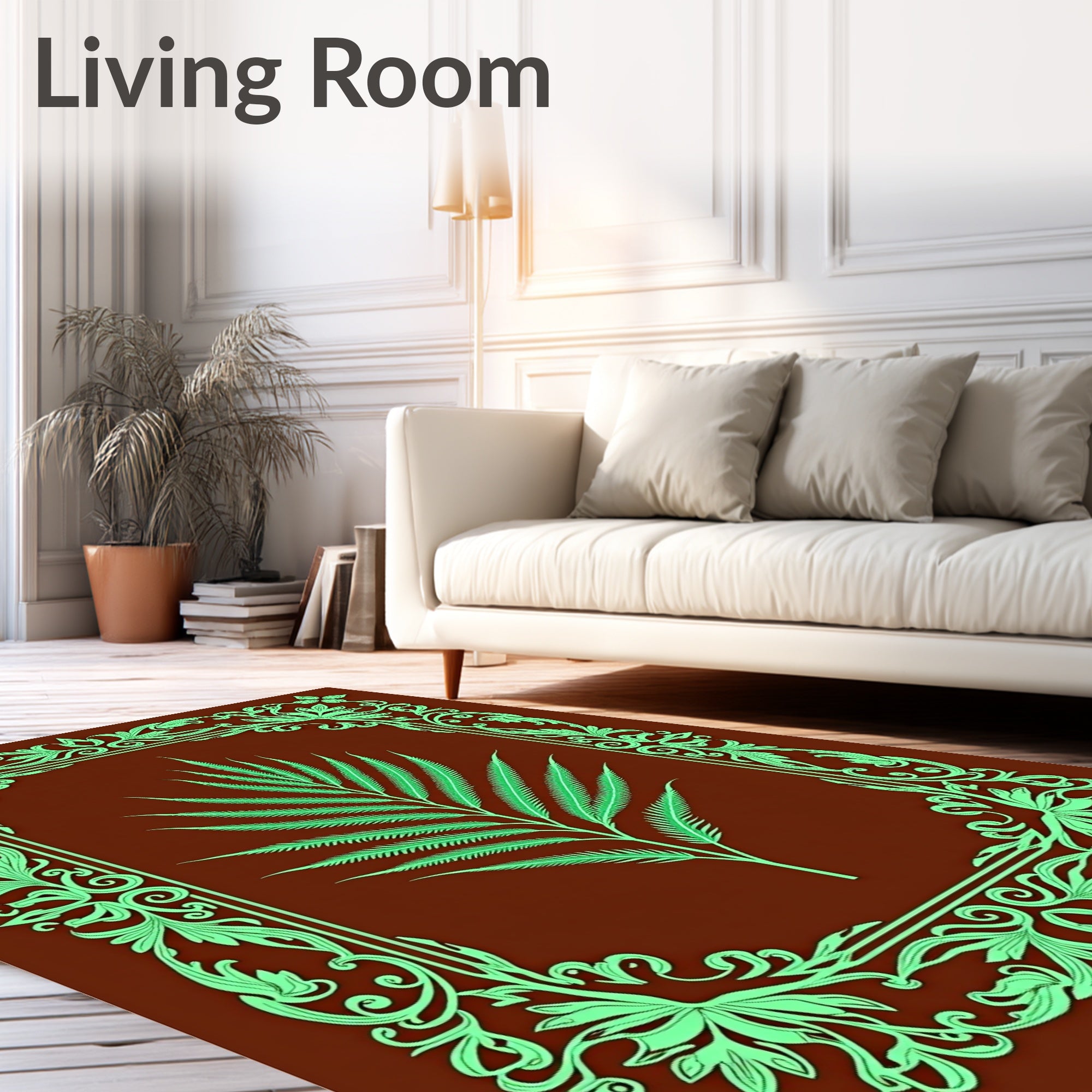 Lush Green Fern Art Nouveau Border Rug